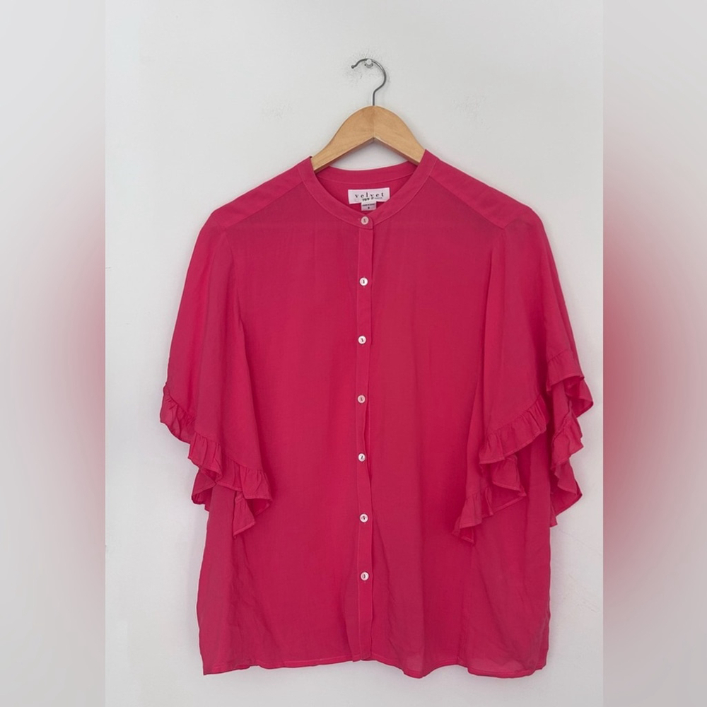 Velvet Pink Flutter Sleeve Blouse with Mandarin Collar